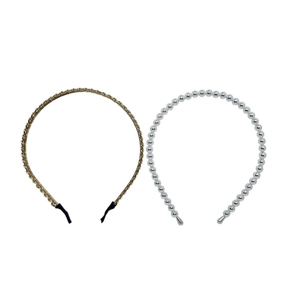 Pair Of Dressy Headbands - Gold Tone Cuban Chain and Faux Pearl (5568) - Picture 1 of 10